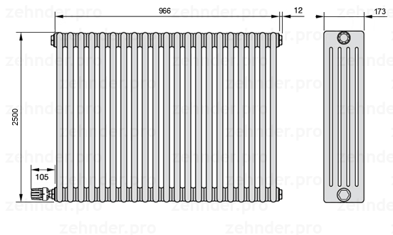 Схема (чертеж) Радиатор Zehnder Charleston 5250/21 №V004 Белый глянцевый RAL 9016